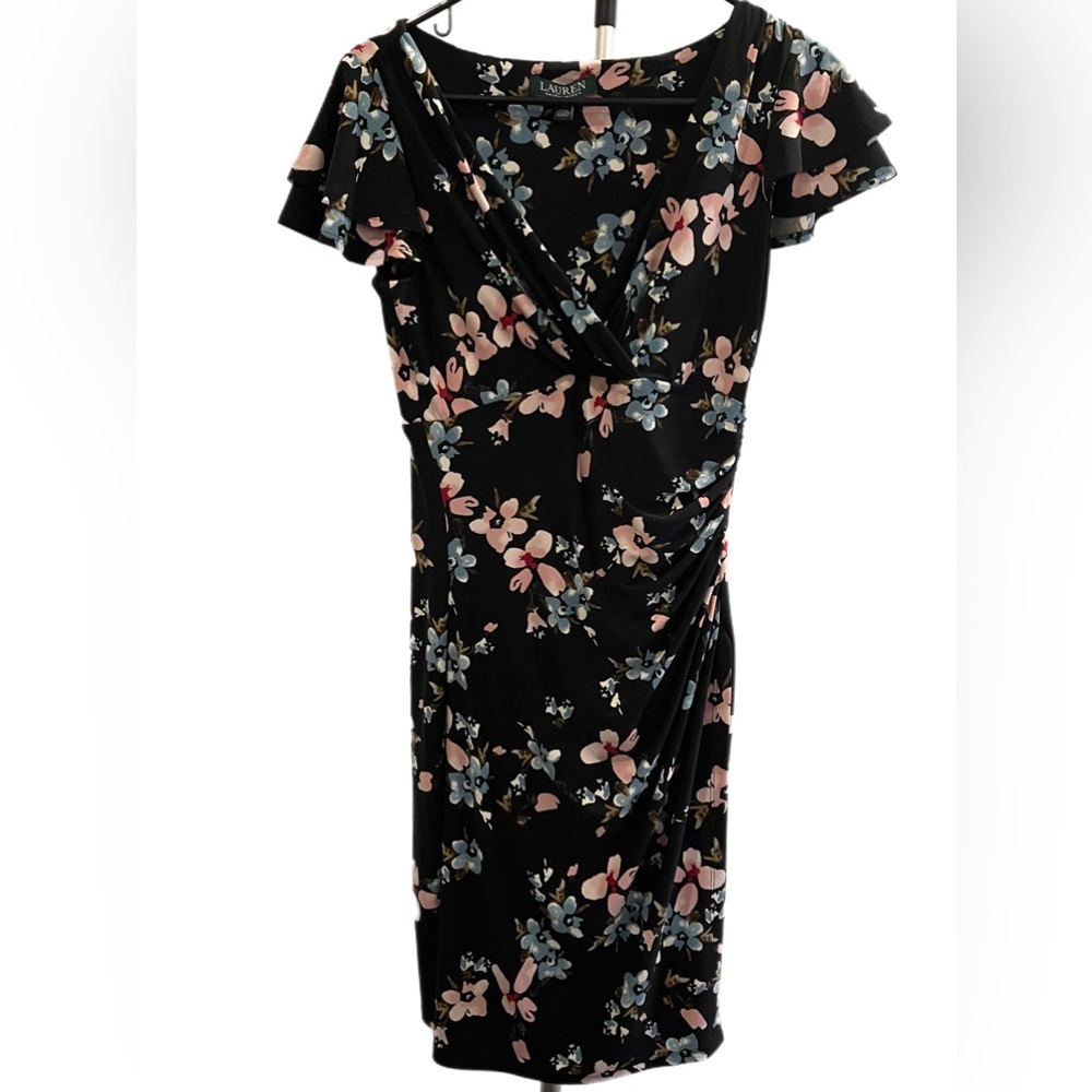Lauren Ralph Lauren Draped Dress 6 Black Floral